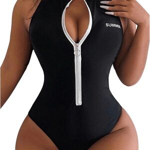 OYOANGLE Women’s Zip Up Racer Back One Piece Swimsuit Crew Neck sleeveless